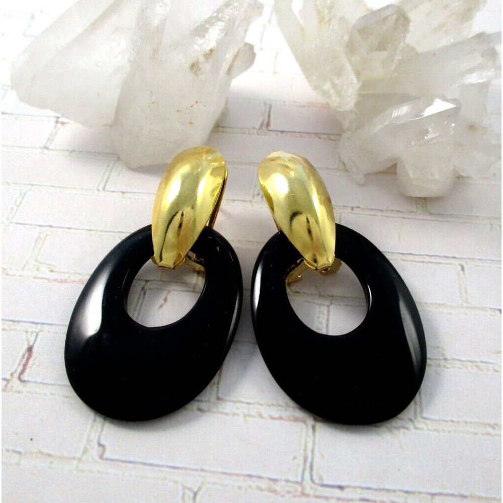 Vintage 80's  Black Onyx Oval Hoop Stone Door Knocker Earrings  Pierced NOS